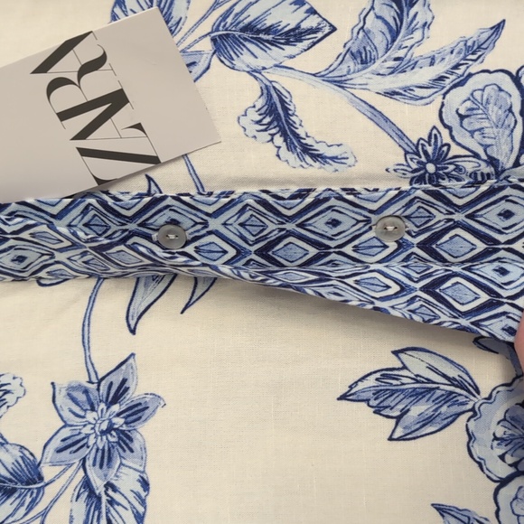 Zara woman floral linen viscose long sleeve shirt L white blue NWT 9878/097 - Picture 10 of 12